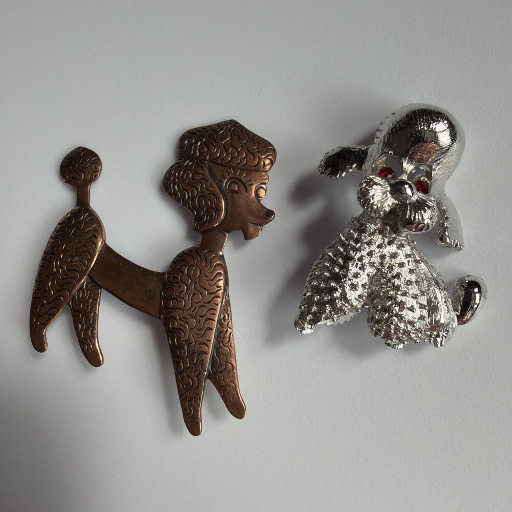 2 Vintage Estate Poodle Dog Brooch Pins Copper And Silver Tone Rhinestone Eyes - Picture 4 of 8